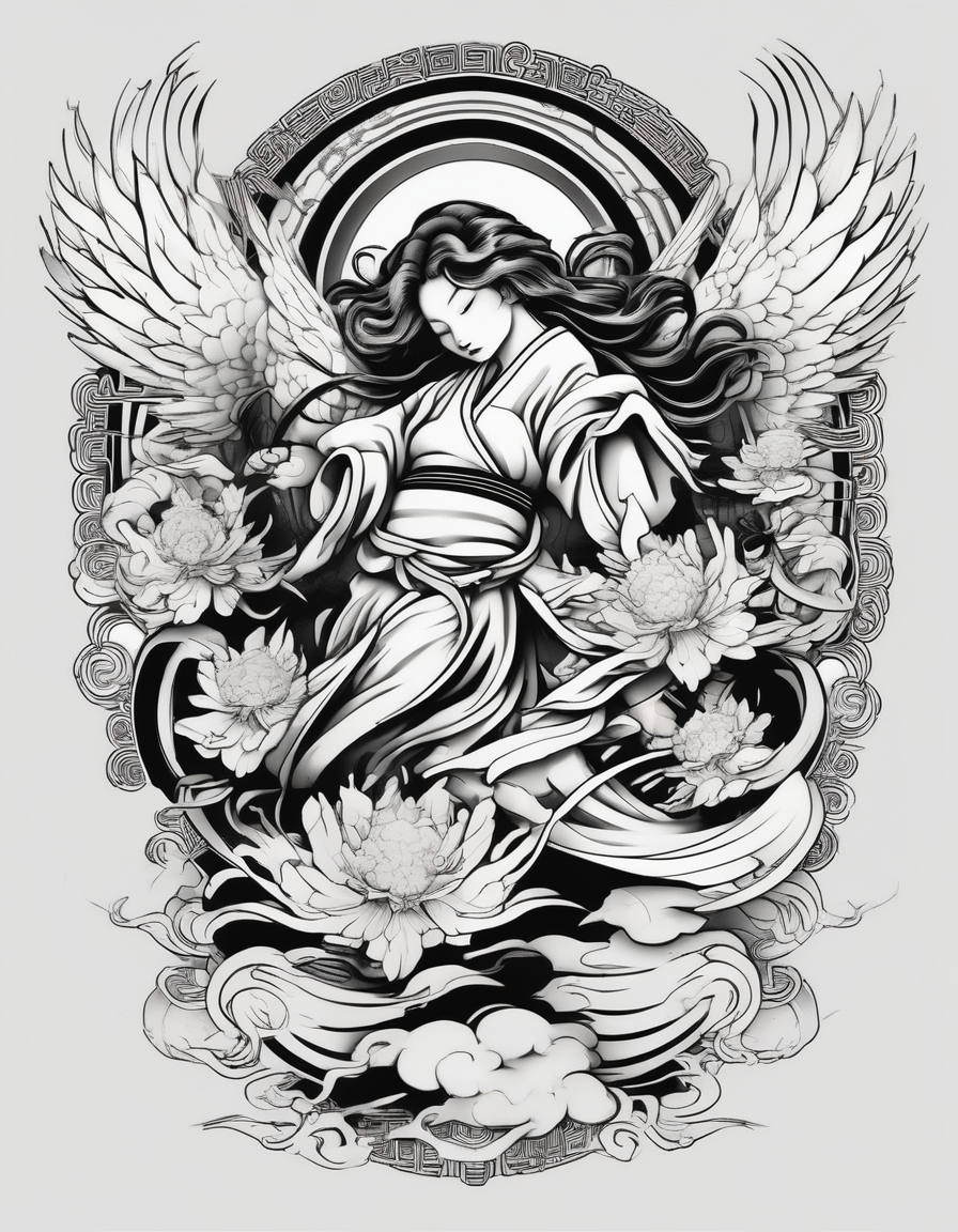 Arm sleeve with angels as a memorial half sleeve tattoos for men, diseño de tatuaje Japonés generado con IA